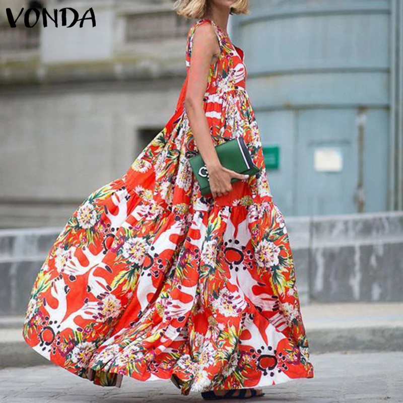 

VONDA Sexy V Neck Women Dress Summer Sleeveless Beach Dresses Bohemian Female Casual Loose Floral Print Long Vestido Plus Size