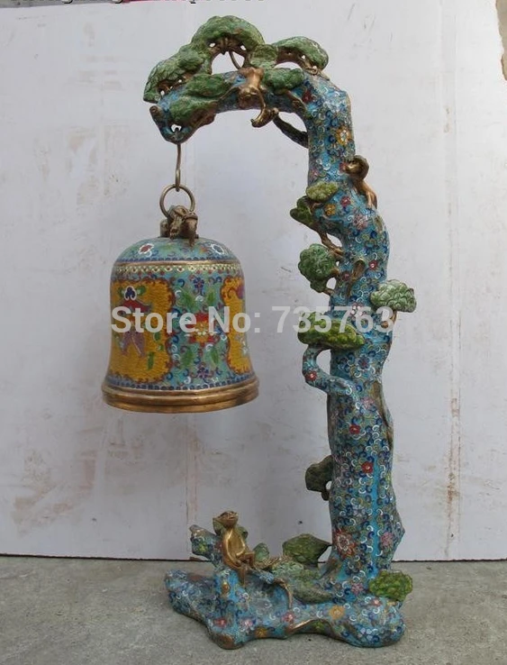

001421 31"China Regius Royal 100% Pure Bronze cloisonne peace pine Tree bell statue