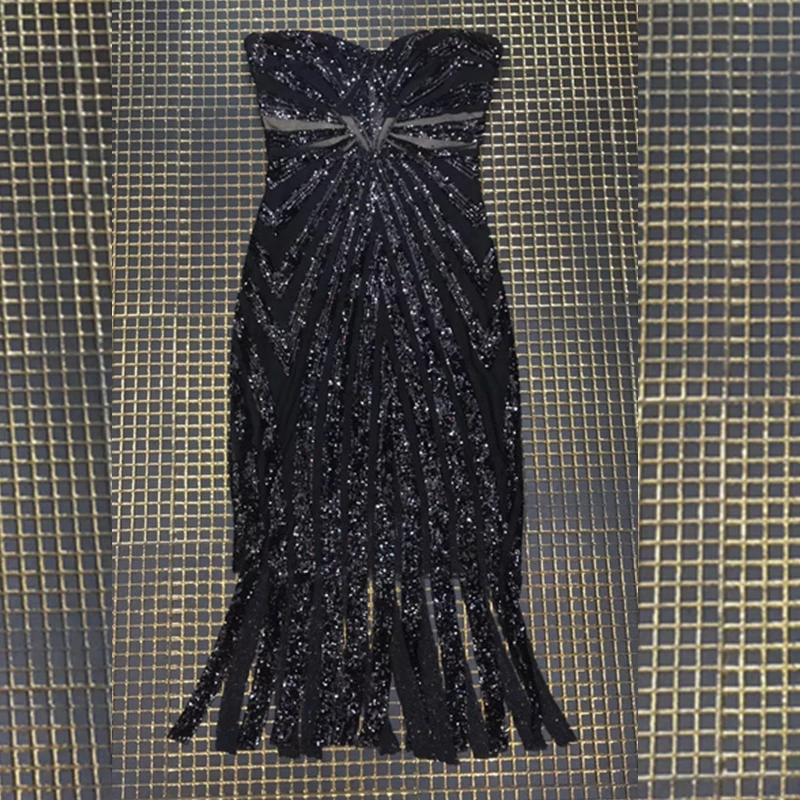 Модное сексуальное черное платье без рукавов с пайетками, летнее платье до середины икры без бретелек с кисточками, Сетчатое платье с открытой спиной для летней вечеринки