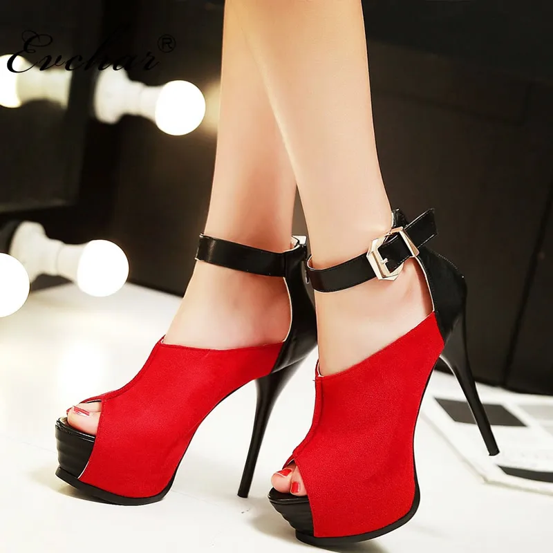 

EVCHAR Ankle strap super high heels peep toe shoes Mixed colors sexy nightclub platform party buckle strap sandals size 32-43