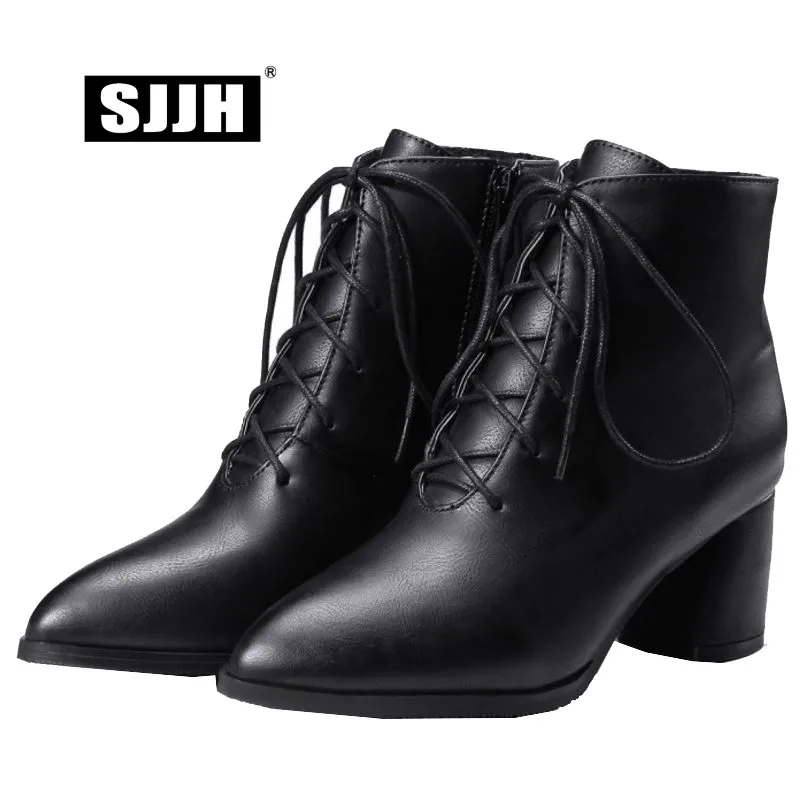 

SJJH Women Martin Boots with Point Toe Chunky Zip Short Plush Ankle Boot Cross-tied Winter Fashion Formal Shoes Large Size A1064