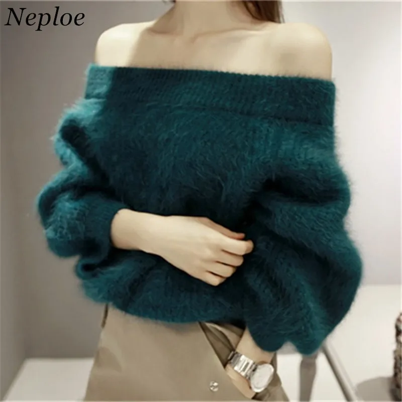 

Neploe Sexy Slash neck Women Sweaters Autumn Winter Fashion Long Sleeve Pullovers Casual Loose Off Shoulder Knitwear 66549