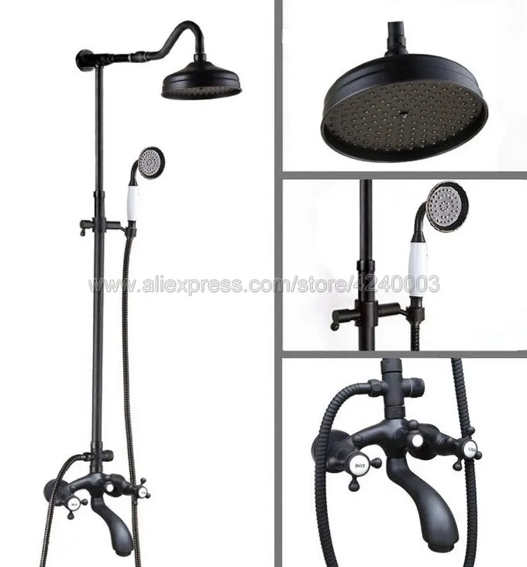 

Oil Rubbed Bronze Wall Mount Rain Shower Faucet Set Handheld Shower Mixer Tap Dual Handles Faucets Khg614