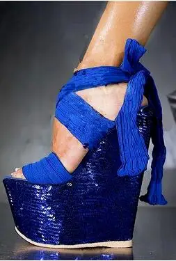 

Dipsloot 2019 Women Blue Thigh High Wedges Lace-up Ankle Strap Sandals Ladies Peep Toe Thick Platform Dress T-satge Shoes Woman