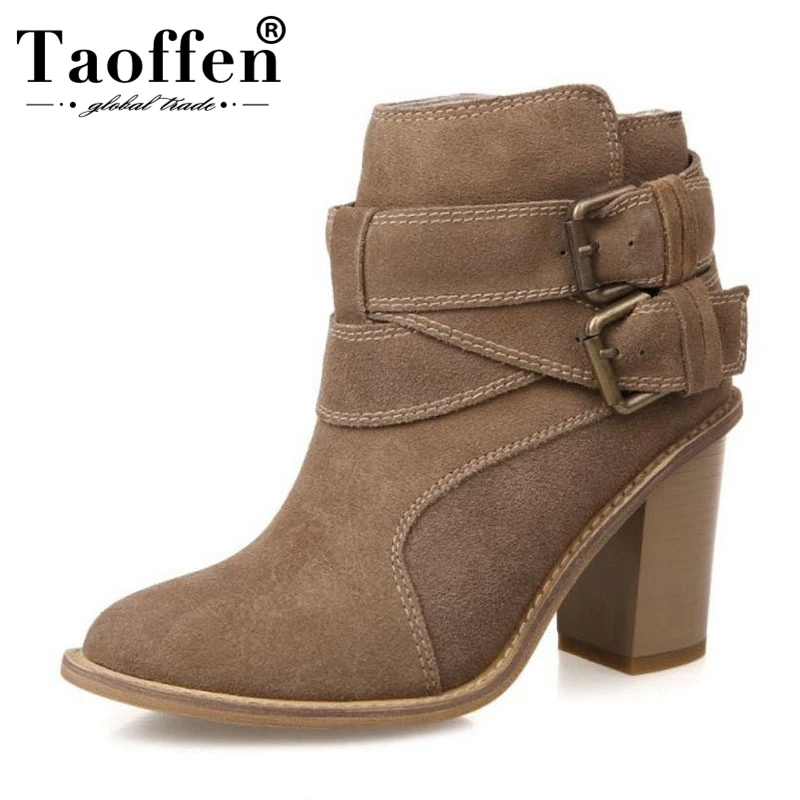 

TAOFFEN Size 33-43 Women High Heel Boots Real Leather Metal Buckle Round Toe Short Boots Vintage Ankle Boots Ladies Footwear