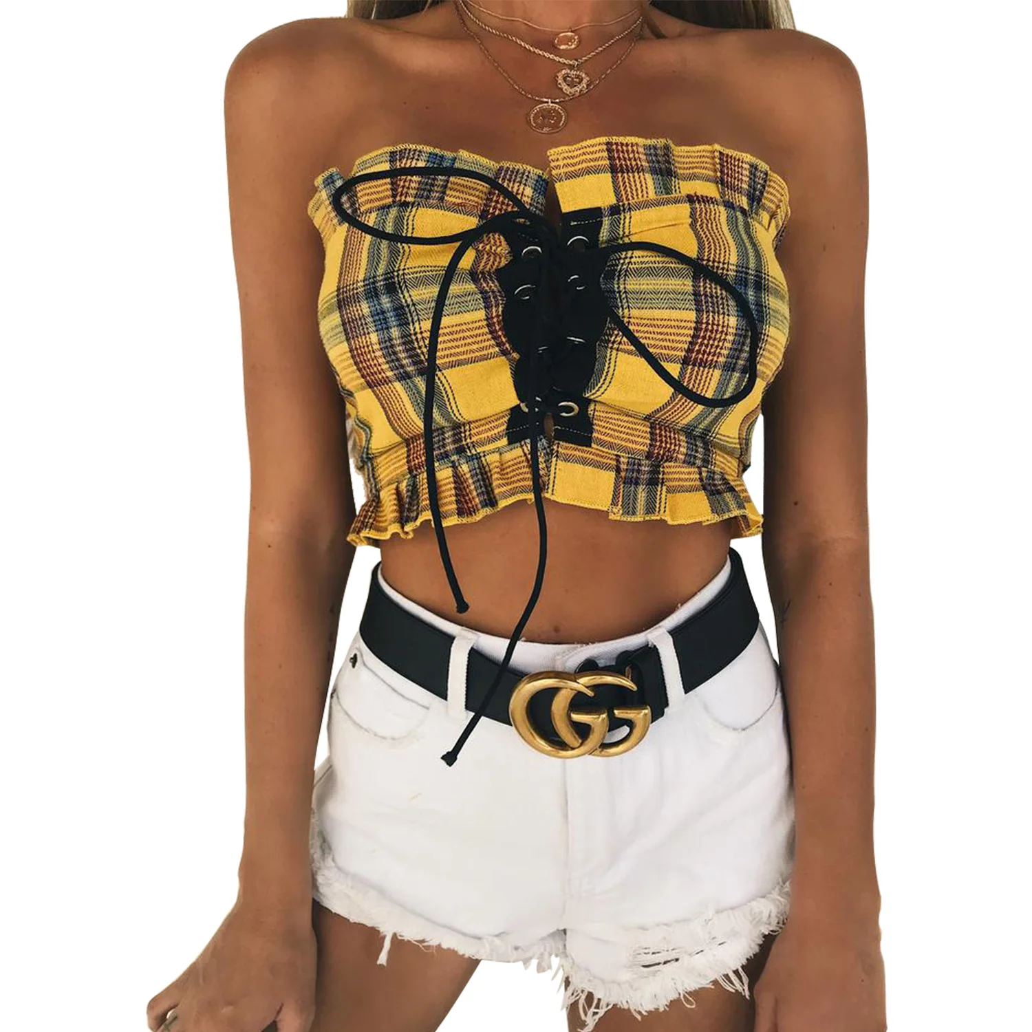 red yellow plaid ruffles bandage lace up crop tops fashion patchwork