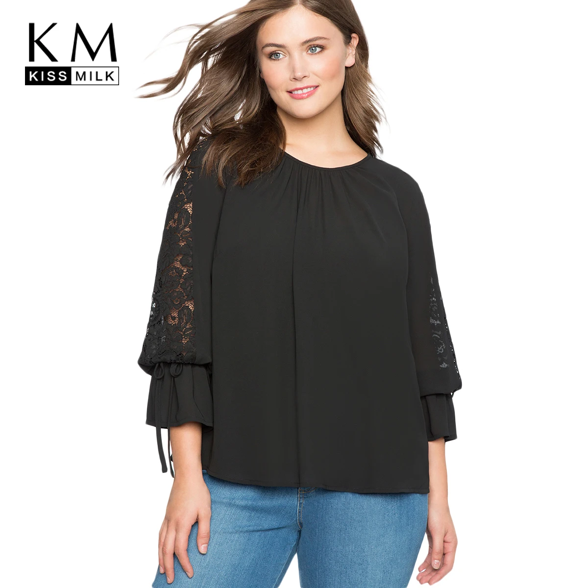 

Kissmilk 2018 Plus Size Patchwork Women Blouses Big Size Floral Lace O-neck Pleated Female Clothing Large Size Solid Lady Tops