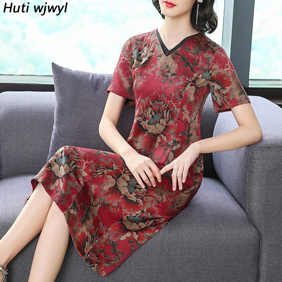 

2019 Vintage Red Floral Silk Beach Midi Dresses Summer 4XL Plus Size Short Sleeve Sundress Women Elegant Bodycon Party Vestidos