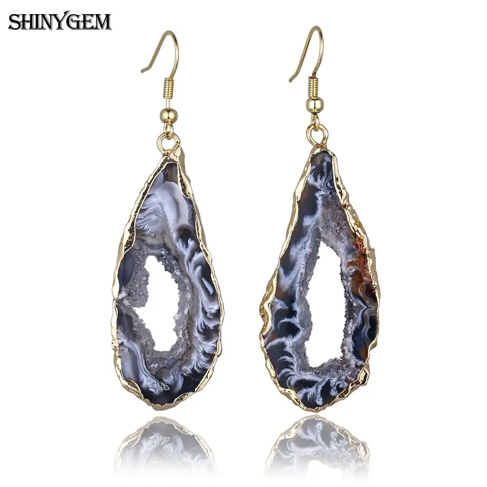 

ShinyGem Irregular Black Brown Agates Slice Drop Earrings Gold&Silver Stainless Steel Big Natural Stone Long Earrings For Women