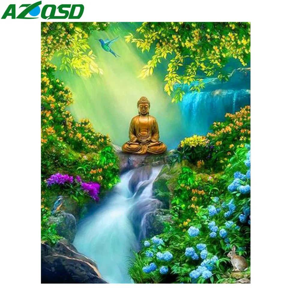 

AZQSD Diamond Painting Buddha Religion Diamond Mosaic Icon Scenery Cross Stitch Needlework Picture Rhinestones Home Decor