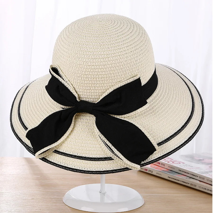 

Sun Hat Big Black Bow Summer Hats For Women Foldable Straw Beach Panama Hat Visor Wide Brim Femme Female 2018 New