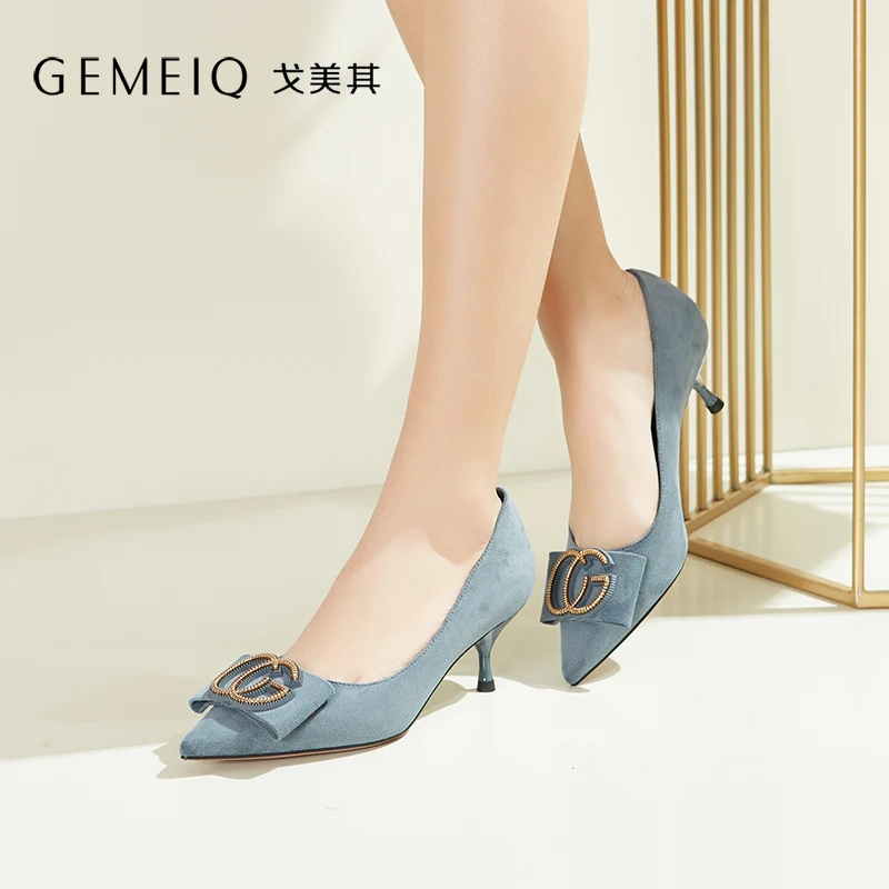 

GEMEIQ 2019 Spring New Shallow Pointed toe Flock Nude Shoes Women's thin heels High heels Black Suit Women's Shoes