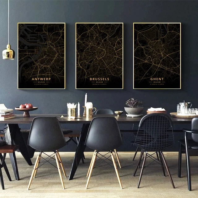 

Antwerp Brussels Ghent Belgium City Map Gold Map Canvas Art Print Wall Pictures for Living Room No Frame