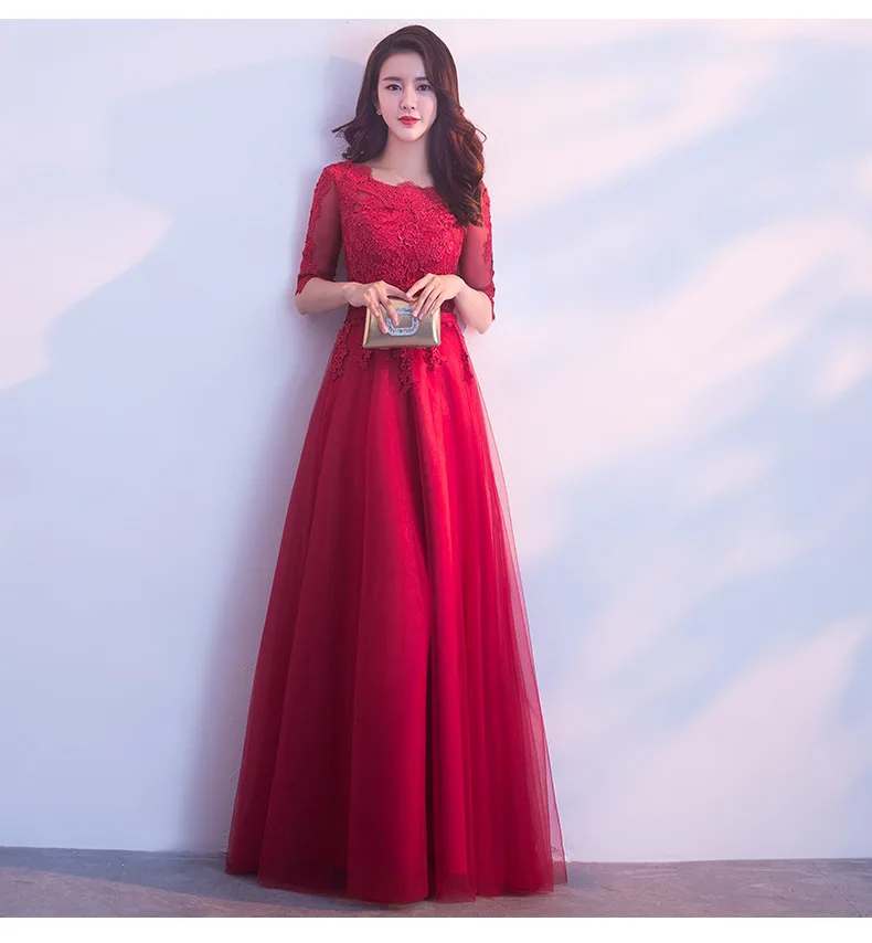 Вечерние платья Длинные Формальные Элегантные трапециевидные размера плюс с коротким рукавом кружевные аппликации свадебное платье для гостей вечерние платья ES1110 - Цвет: Red