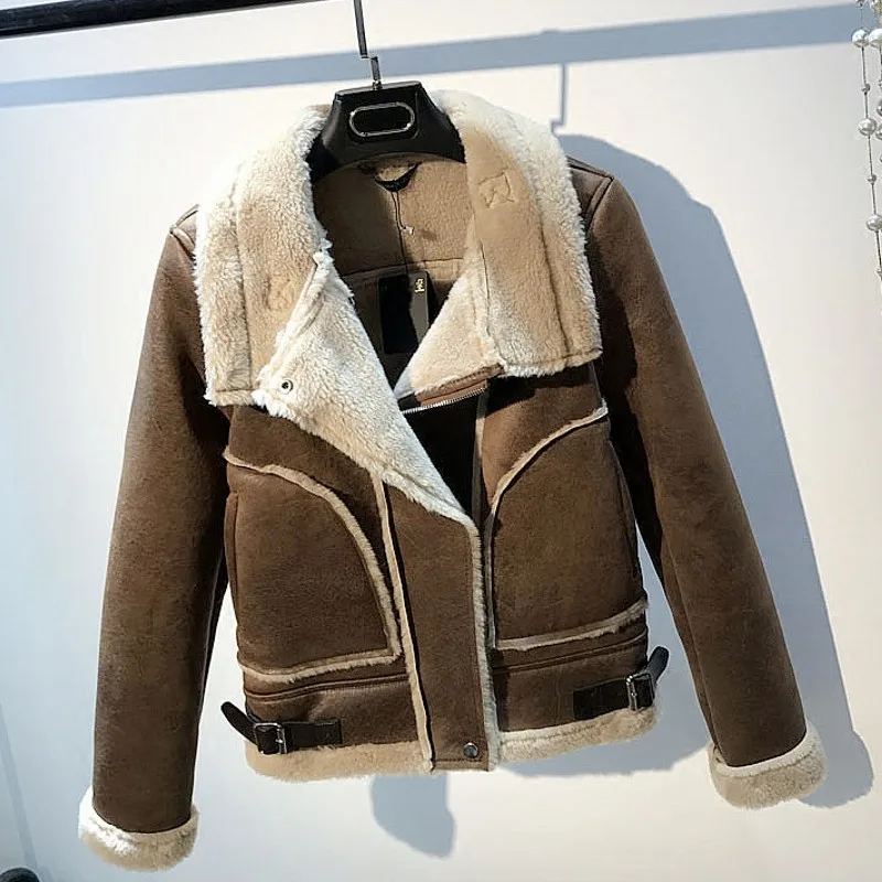

Time Silhuette New 2019 Winter Suede Leather Jacket Women Short Lamb Wool Motorcycle Jacket Thick Lambs Wool Warm Coat