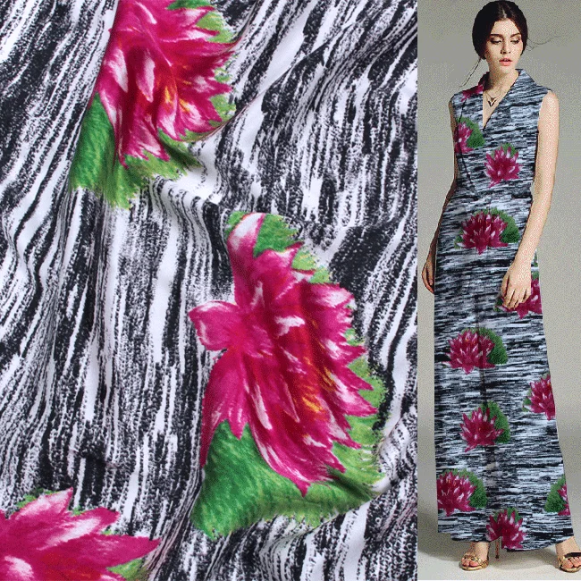 Buy Red lotus flower print silk stretch satin silk