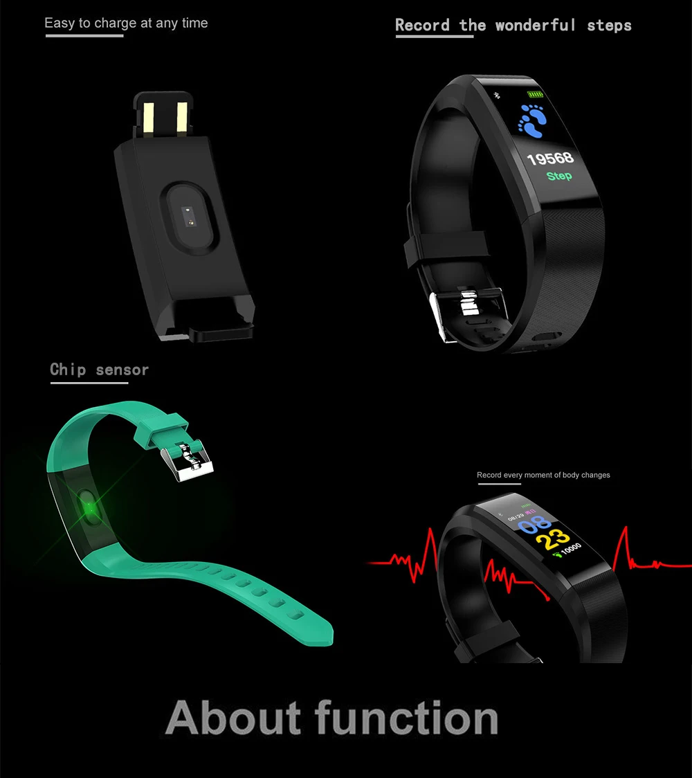 Умный Браслет для здоровья, спортивный Bluetooth браслет, монитор сердечного ритма, часы, фитнес-трекер, 115 Plus, SmartBand PK Mi band 3