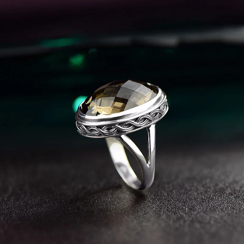 Настоящее чистое кольцо, 925 пробы, серебро, дымчатый кварц, антикварные Преувеличенные Кольца для женщин, ограненный природный камень, хорошее ювелирное изделие, Anillos