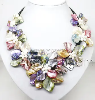 

FREE SHIPPING>>fashion mix color shell white pearl beads flower pendant necklace rope 18" long