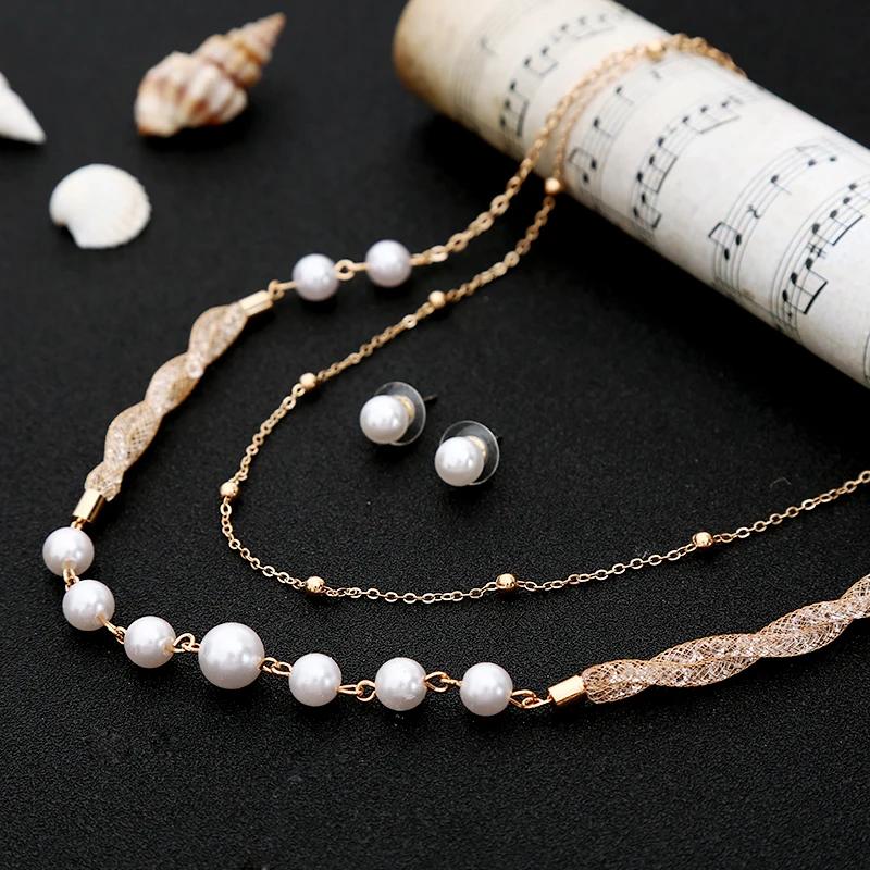 

2019 Simulated Pearl Dubai Jewelry Sets for Women Gold Color Layers Choker Necklace Chic Stud Earrings Set Party Accessories