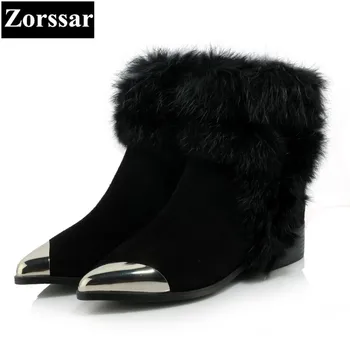 

{Zorssar} 2017 NEW Classic winter Plush Women Boots Suede Ankle Snow Boots Female Warm Fur women shoes pointed Toe flat boots