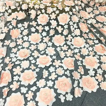 

GLace 1Y/Lot 3D flower beaded mesh fabric pink flower chiffon fabric for dress DIY decorative transparent fabric TX919