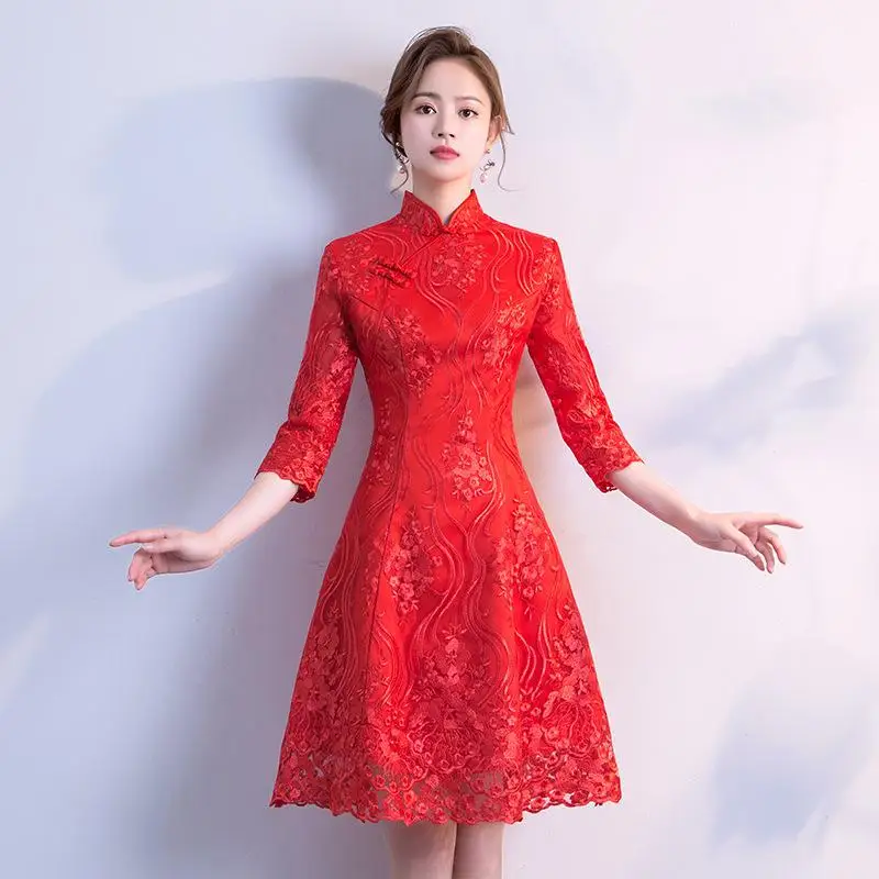 Летнее мини Винтажное китайское платье ченсам стиль Qipao платье женские вечерние платья ретро Женская одежда Vestidos S-2XL - Цвет: Красный