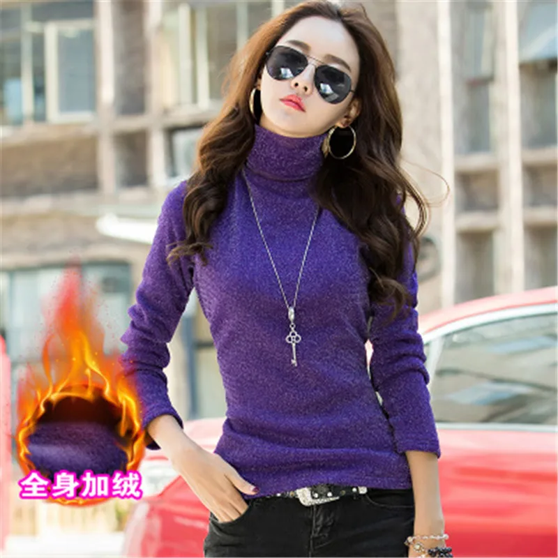 

Women Sweater Bright Silk Solid Color Turtleneck Pullover Thickening Long Sleeve Clothes Tops Female S-XXXL BLACK basic top Z990