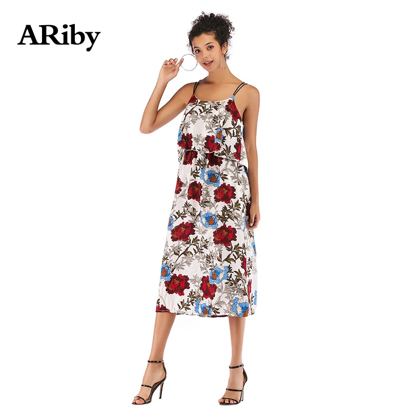 Women Dress Summer Maxi Dress 2019 New Fashion Floral Print Chiffon Slim Plus Size Sleeveless Round Collar Mid-Calf Sling Dress Women Dress Summer Maxi Dress 2019 New Fashion Floral Print Chiffon Slim Plus Size Sleeveless Round Collar Mid-Calf Sling Dress