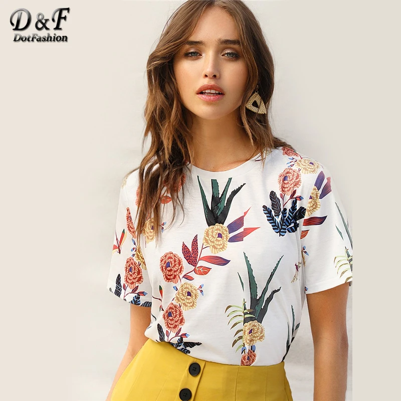 

Dotfashion White Floral And Plants Print Tee Women 2019 Summer Casual Short Sleeve Clothes Fashion Tops Streetwear T-Shirt