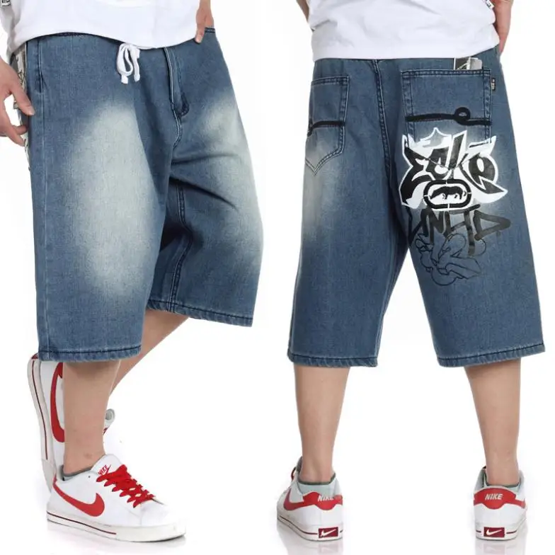 Short denim men hip hop baggy jeans men's loose pants blue hip hop ...