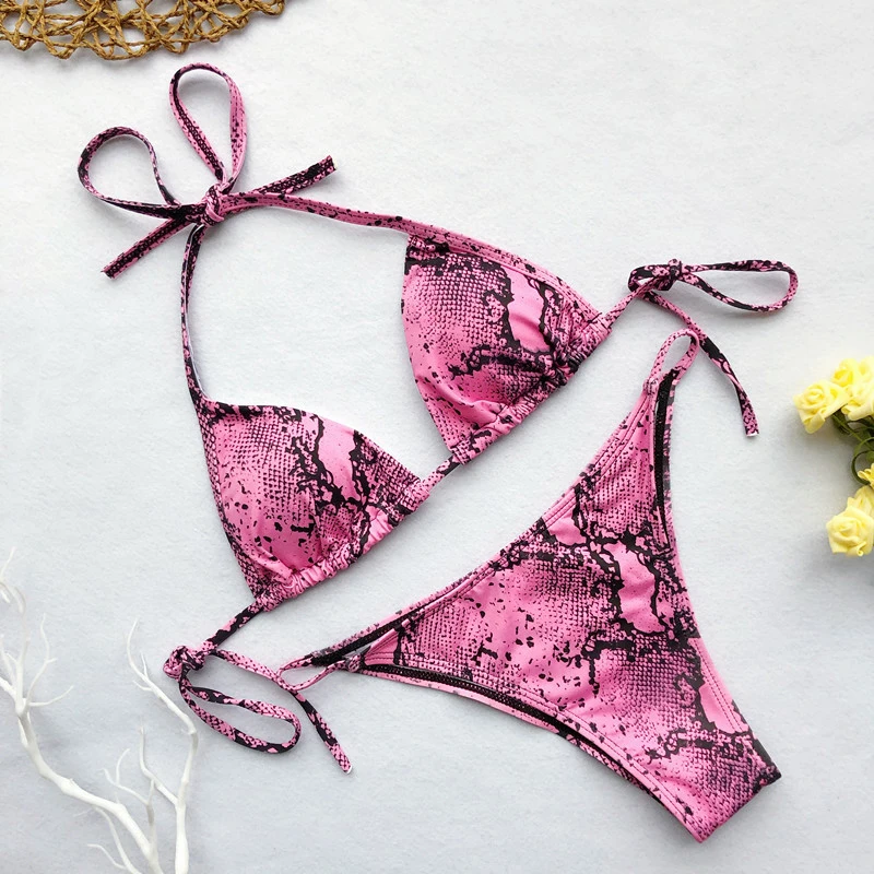 

Sexy Women's Separated Nylon Swimsuit Padded Snake Hanging Neck Ladies Bikini Set Beach clothes