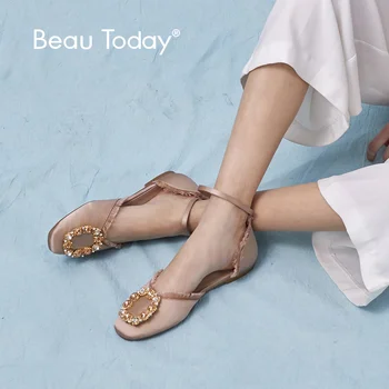 

BeauToday Women Sandals Ankle Strap Satin Crystal Style Square Toe Cover Heel Elegant Ladies Summer Flats 24021