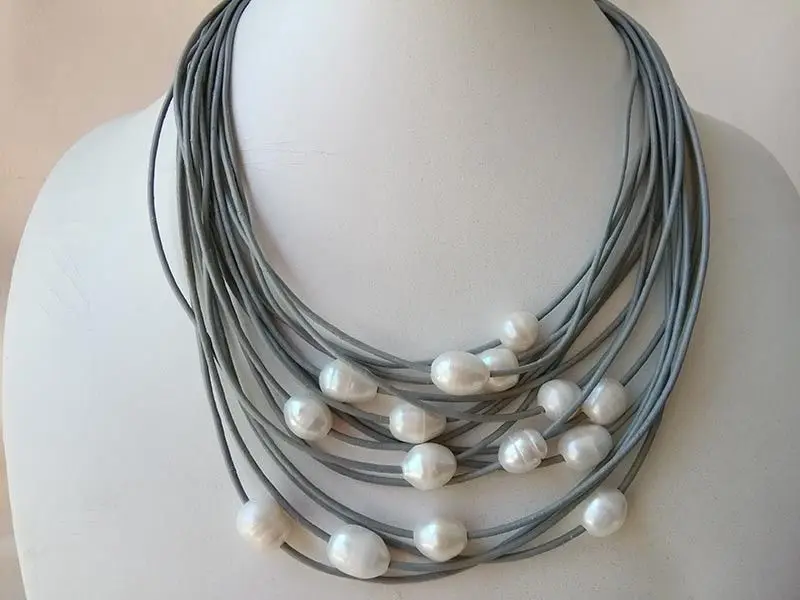15 rows gray leather white genuine cultured freshwater pearl necklace 17-20&quot | Украшения и аксессуары