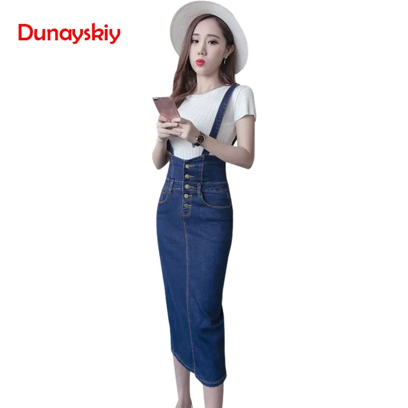 

Long Denim Skirt With Straps Women Button Jeans Skirts Plus Size Long High Waist Pencil Skirt Denim Skirts Womens S-5XL