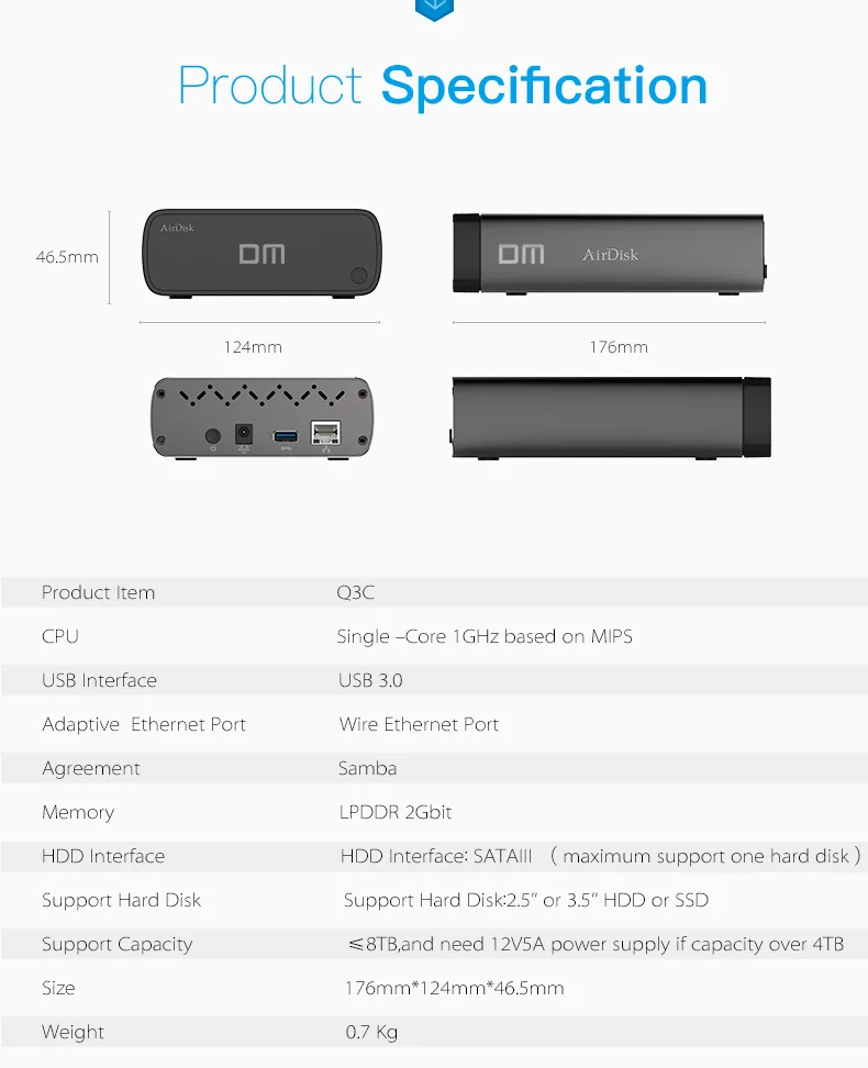 DM Q3C беспроводной WiFi портативный корпус жесткого диска USB3.0 на SATA для 2,5/3,5 дюймов HDD SSD черный цвет модный дизайн