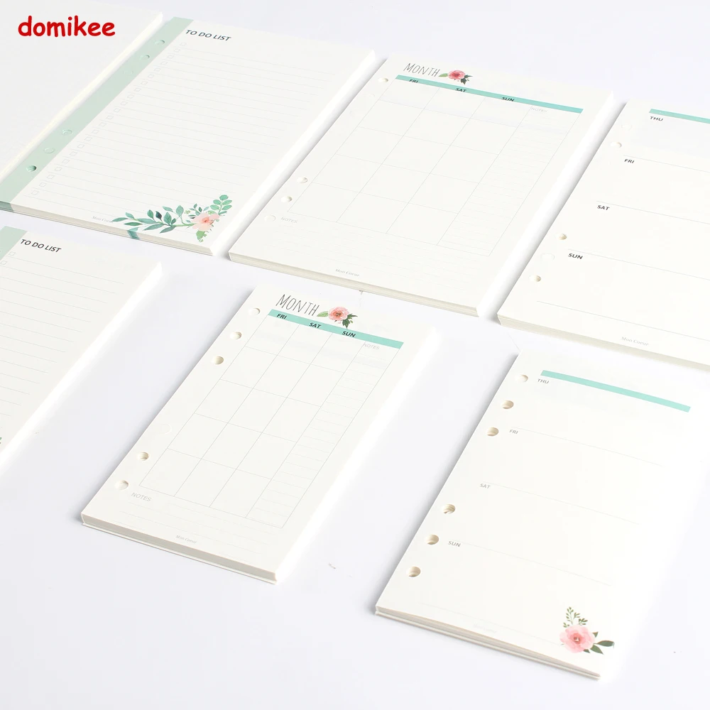 New cute colored 6 holes inner paper core for spiral binder notebooks 4 kinds:weekly planner,monthly planner, To do ,grid A5 A6