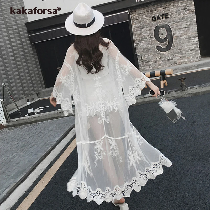

Kakaforsa 2019 Sexy Lace Beach Cover Up Floral Embroidery Pareo Bikini Cover Ups Hollow Out Beach Cardigan Bathing Suit Cover Up