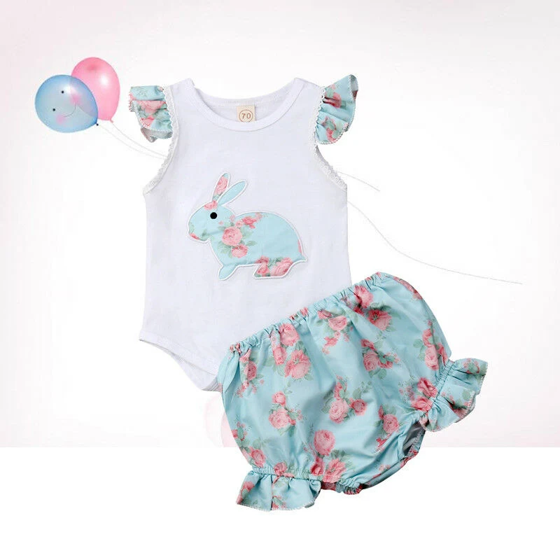 

Emmababy Baby Girls New Fashion Two-Pieces Sets Rabbit Embroidery Short Drop-shoulder Sleeve Pullover Top and Floral Short Pants