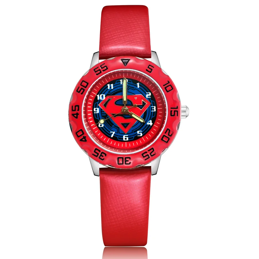 Модные милые детские часы в стиле Супермена; кварцевые кожаные Наручные часы для мальчиков и девочек; Clcok JM156 - Цвет: Red