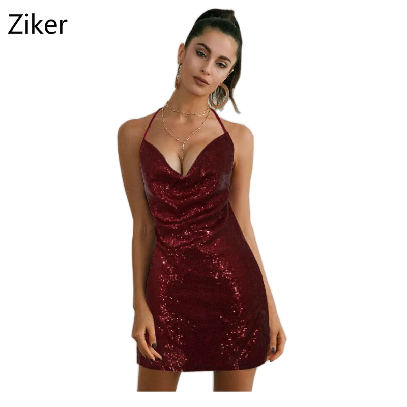 

New Fashion Sexy Women Sequins Dresses Strapless V-Neck Backless Off The Shoulder Bodycon Split Mini Dress The Night Club Wear