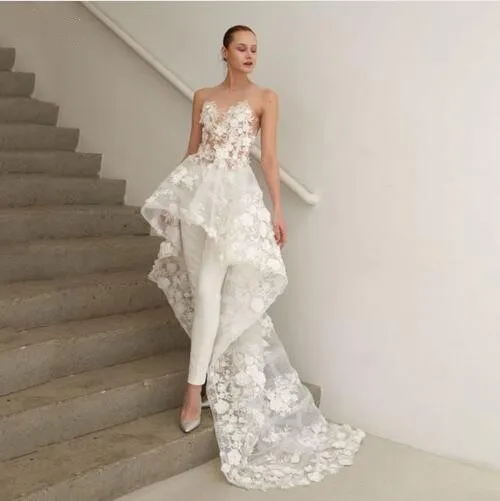

Hi Low Evening Gowns No Pants High Quality Appliques Prom Gown vestido de festa Women Party Dresses See Through robe de soiree