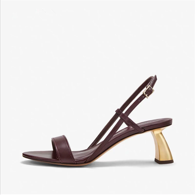 

Novelty Summer Sandals For Woman Strange Style Heels With Med Height One Strap With Buckle Sandals Sexy Burgundy Office Shoes