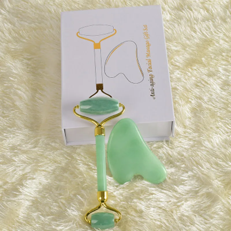 Green Set B With Box Натуральный косметический массаж лица инструмент нефритовый ролик Gua Sha камень нефритовый массажер инструменты для лифтинга лица массаж кожи Guasha Инструмент с коробкой - Цвет: Green Set B With Box