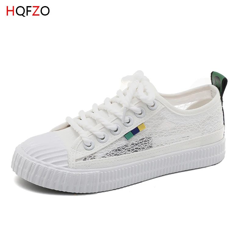 HQFZO/сетчатые женские Сникеры на платформе; Вулканизированная обувь; tenis feminino; женская парусиновая обувь на плоской подошве - Цвет: white