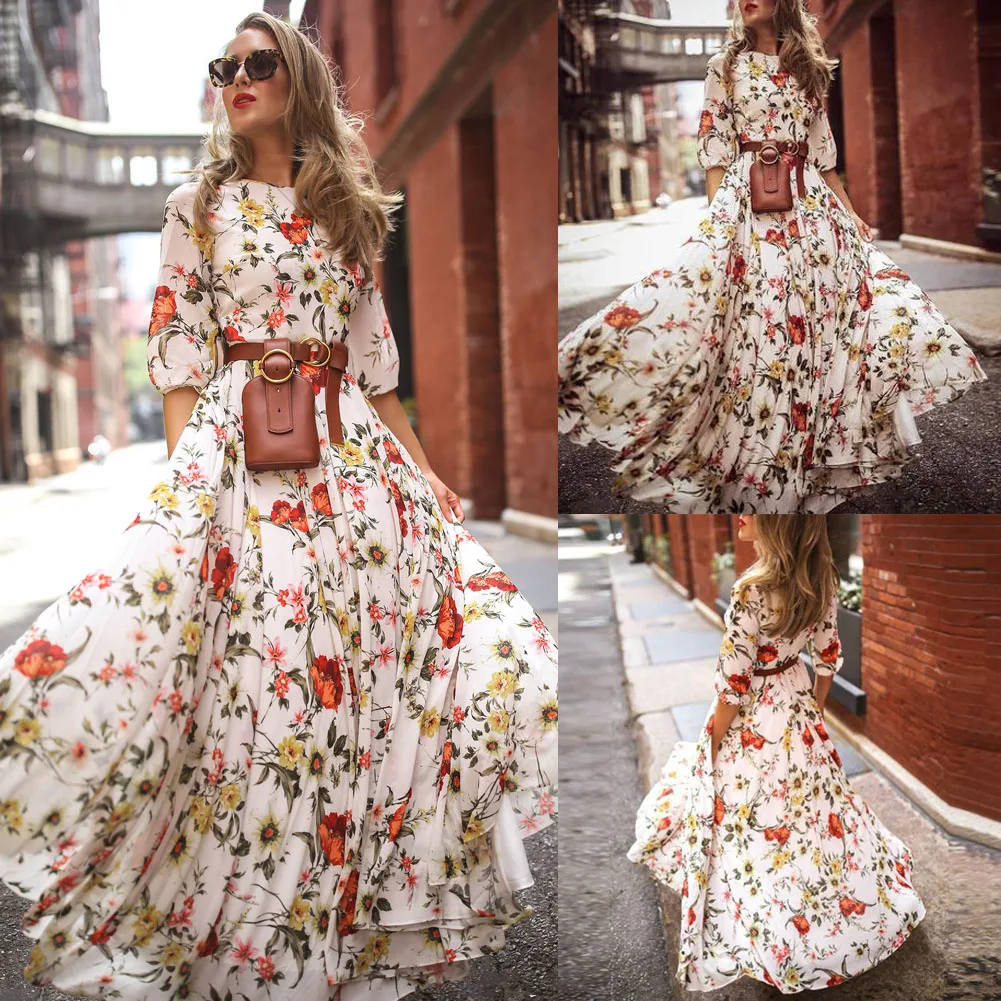 Модное женское Бохо цветочное длинное платье макси вечерние летние свободные пляжные сарафаны размера плюс белое