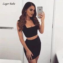 Leger Babe Square Collar Without Sleeve Back Zipper Short Top Sexy Elastic Package Hip Mini Party Dress Two Pieces Set Clubwear