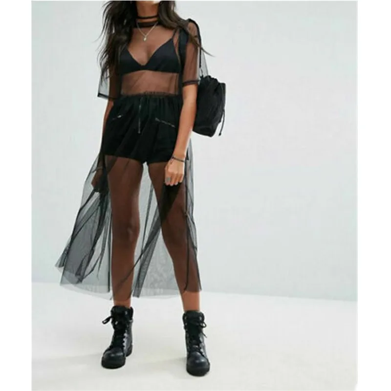 Fashion Women's Mesh Pure Black Transparent Turtleneck Ankle Dress Sexy Perspective Tulle Short Sleeve Beach High Street | Женская