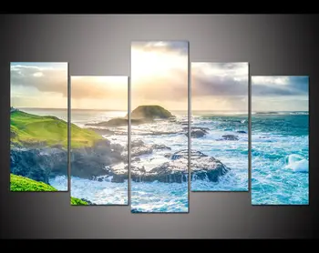 

New 5 panel large HD printed oil painting beach blue wave canvas print Picture home decor wall art picture for living room