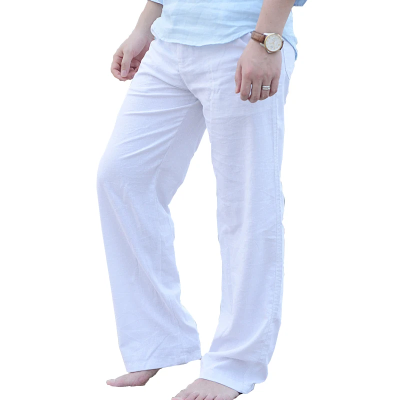 Весенние и летние мужские модные брендовые хлопковые льняные свободные брюки в китайском стиле мужские повседневные простые тонкие белые прямые брюки, брюки - Цвет: Белый